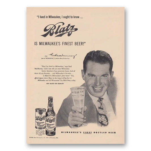 1951 Blatz Beer Fred MacMurray Borderline Vintage Magazine Print Ad