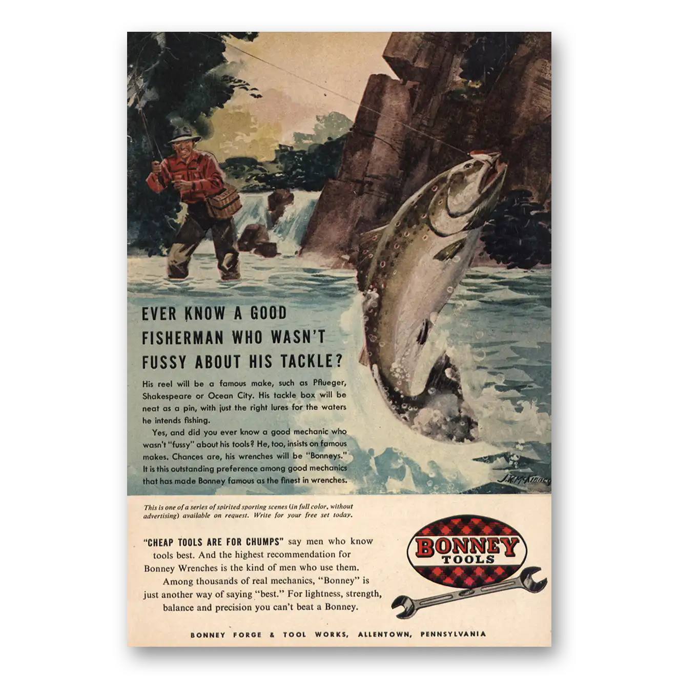 1951 Bonney Tools Good Fisherman Wasn't Fussy About Tackle Vintage Magazine Print Ad