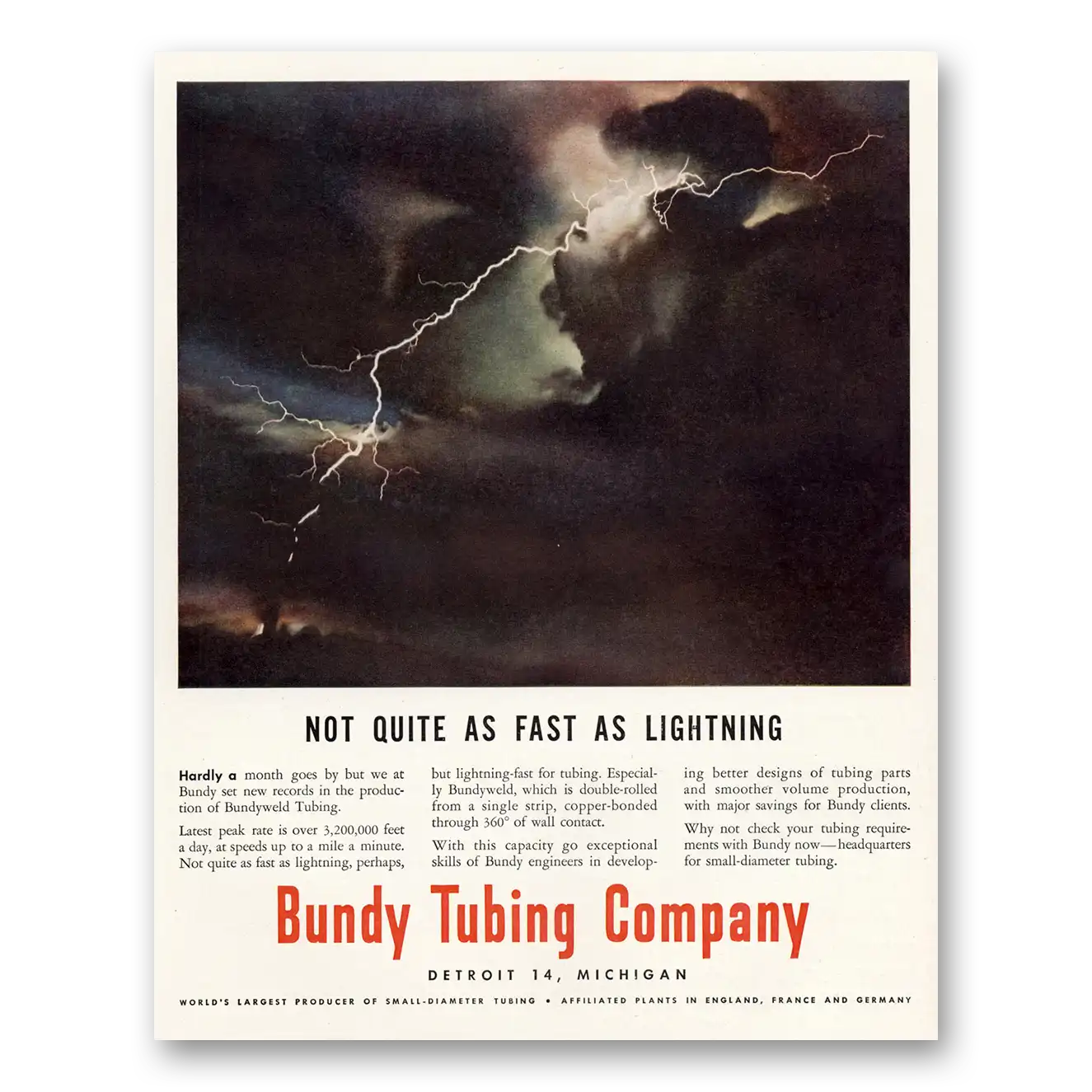 1951 Bundy Tubing Not Quite as Fast as Lightning Vintage Magazine Print Ad