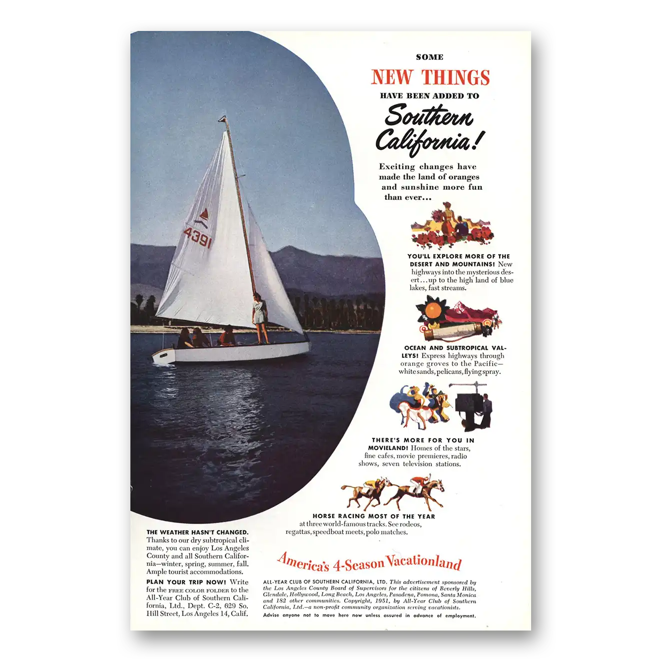 1951 Southern California Some New Things Sailboat Vintage Magazine Print Ad