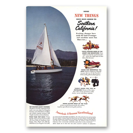 1951 Southern California Some New Things Sailboat Vintage Magazine Print Ad