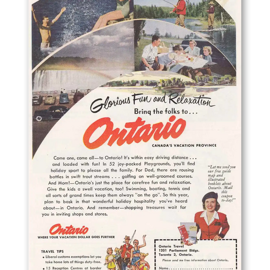 1951 Ontario Canada Glorious Fun and Relaxation Vintage Magazine Print Ad