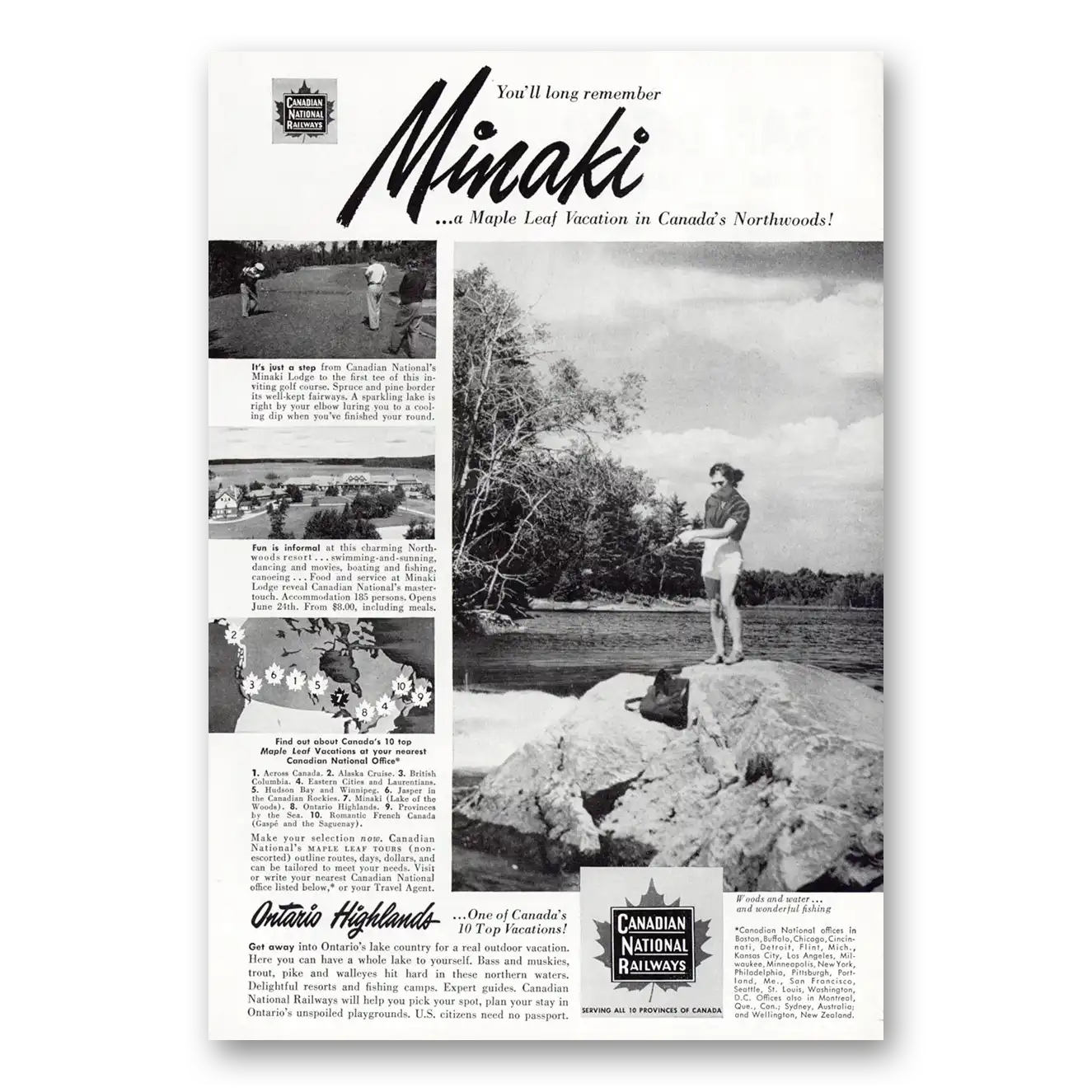 1951 Canadian National Railways Minaki Maple Leaf Vacation Vintage Magazine Print Ad