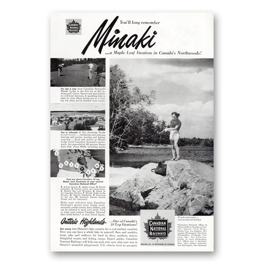 1951 Canadian National Railways Minaki Maple Leaf Vacation Vintage Magazine Print Ad