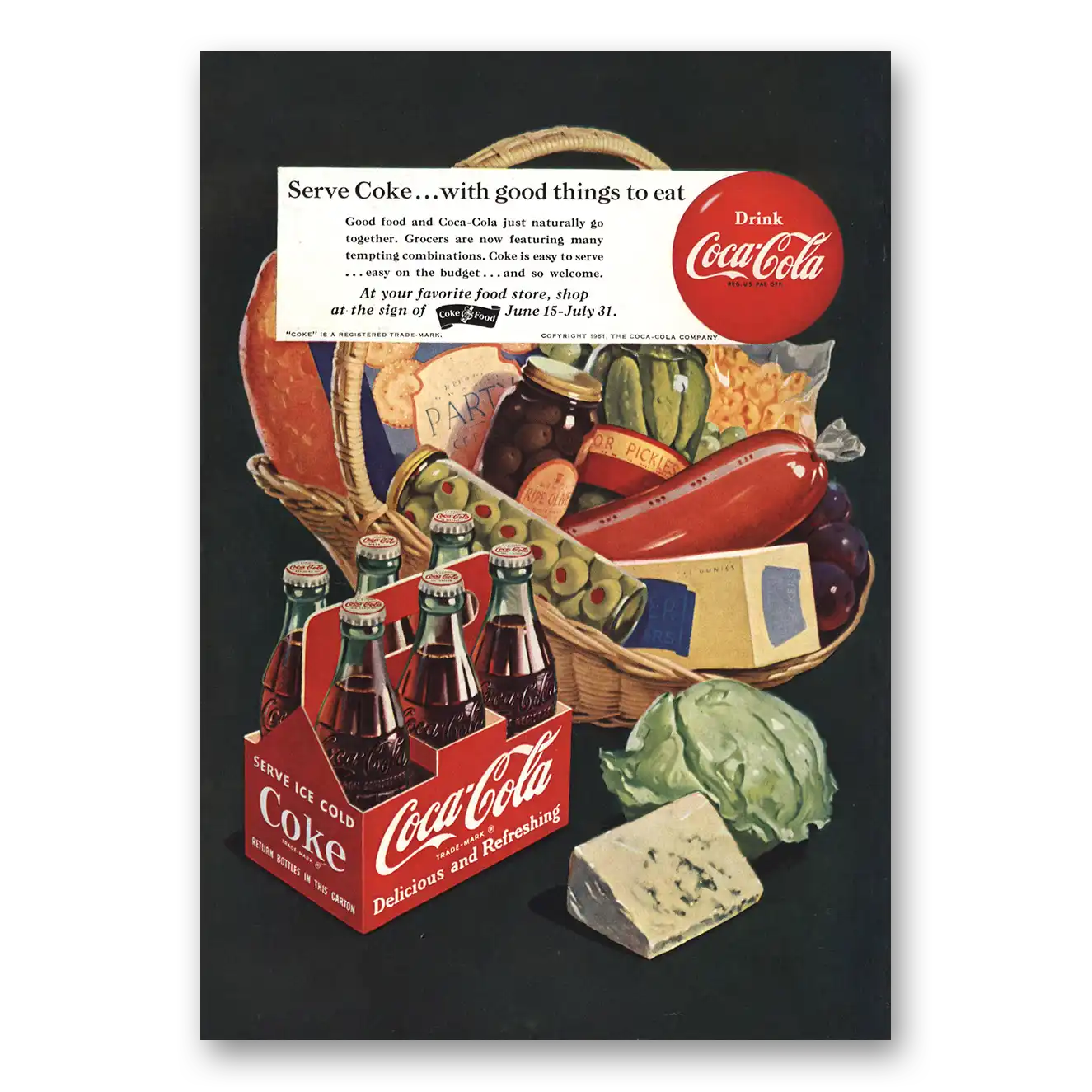 1951 Coca Cola Serve Coke With Good Things to Eat Vintage Magazine Print Ad