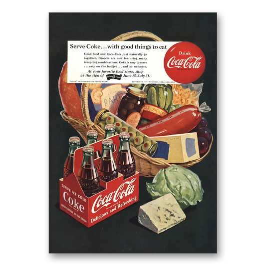 1951 Coca Cola Serve Coke With Good Things to Eat Vintage Magazine Print Ad