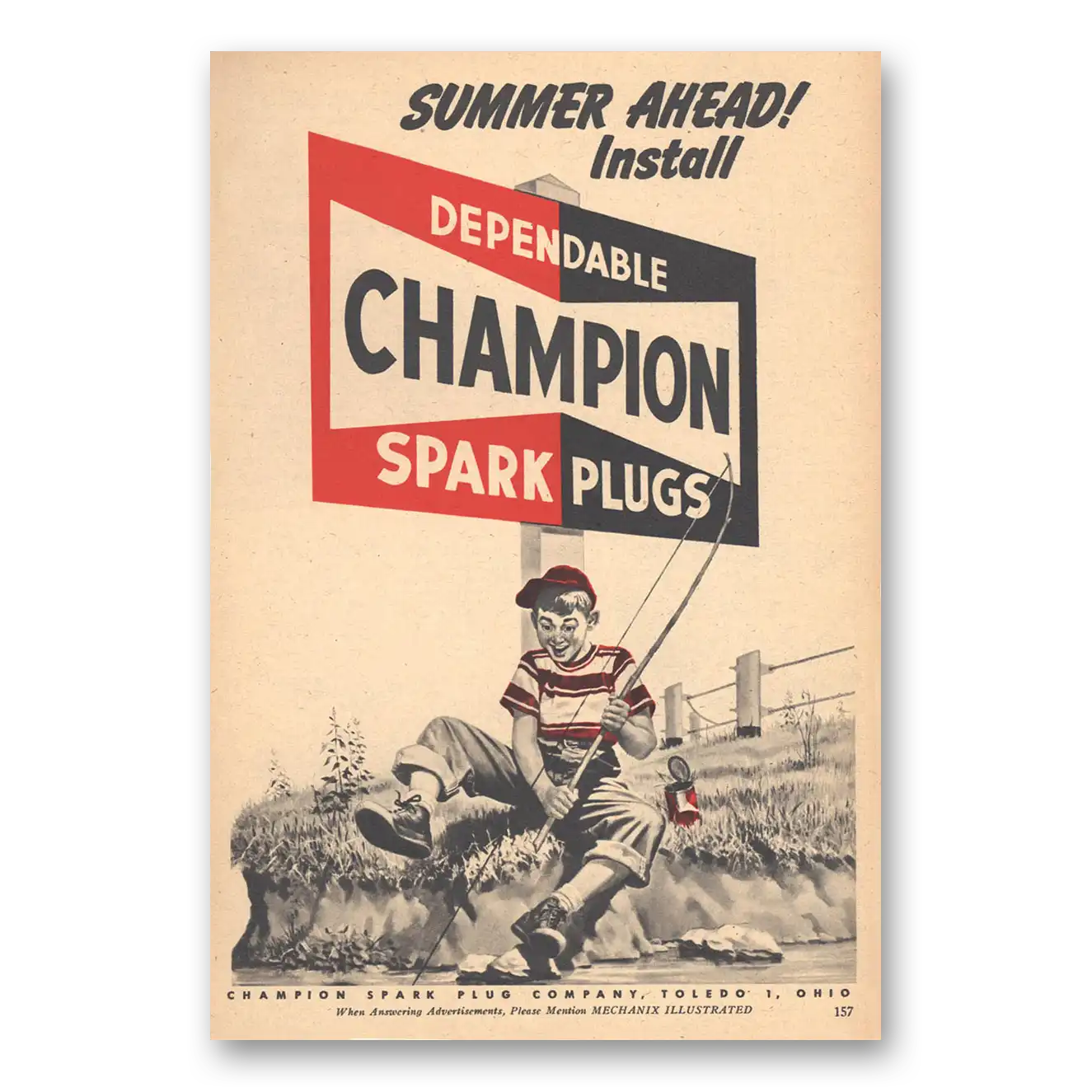 1951 Champion Spark Plugs Summer Ahead Fishing Vintage Magazine Print Ad