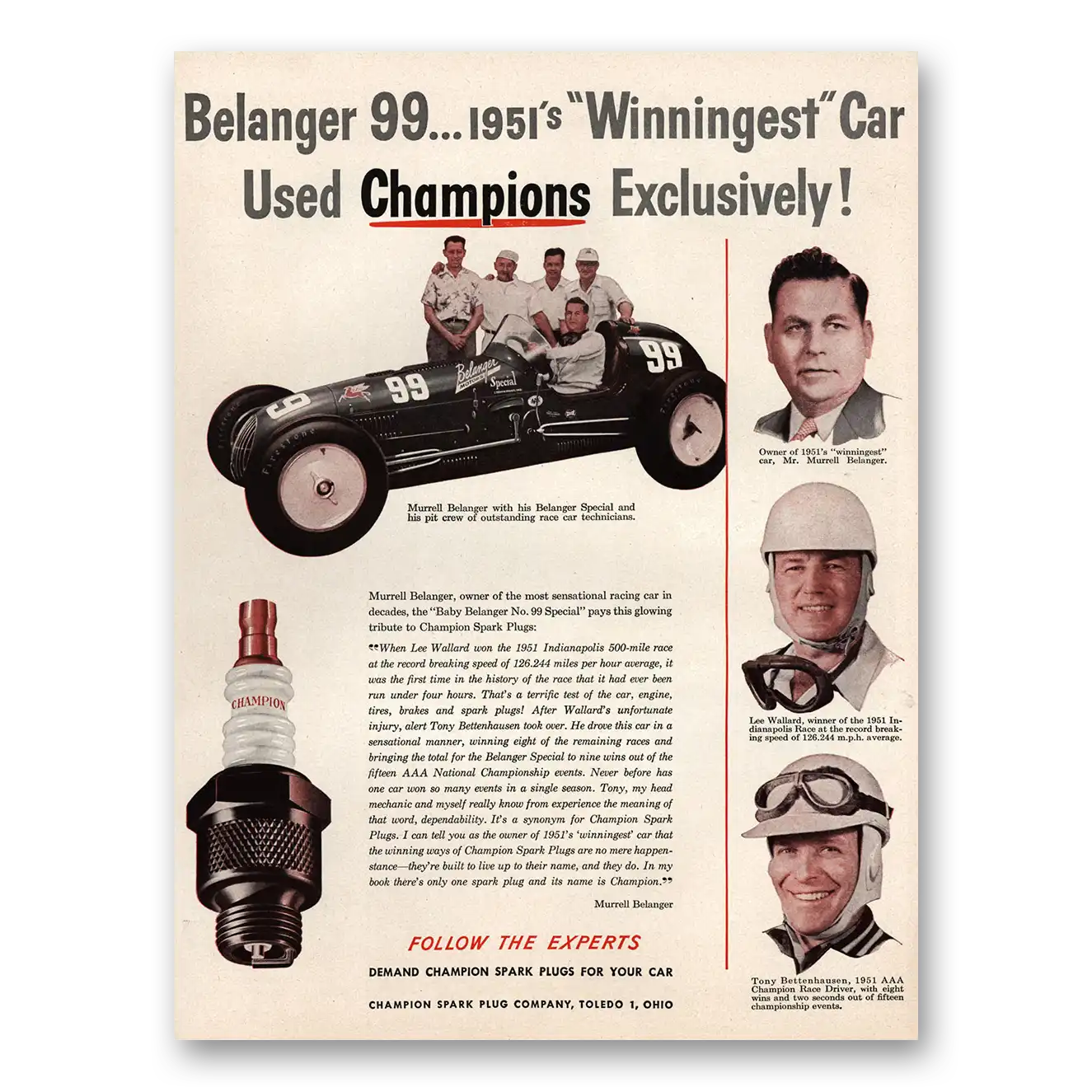 1951 Champion Spark Plugs Belanger 99 Winningest Car Vintage Magazine Print Ad