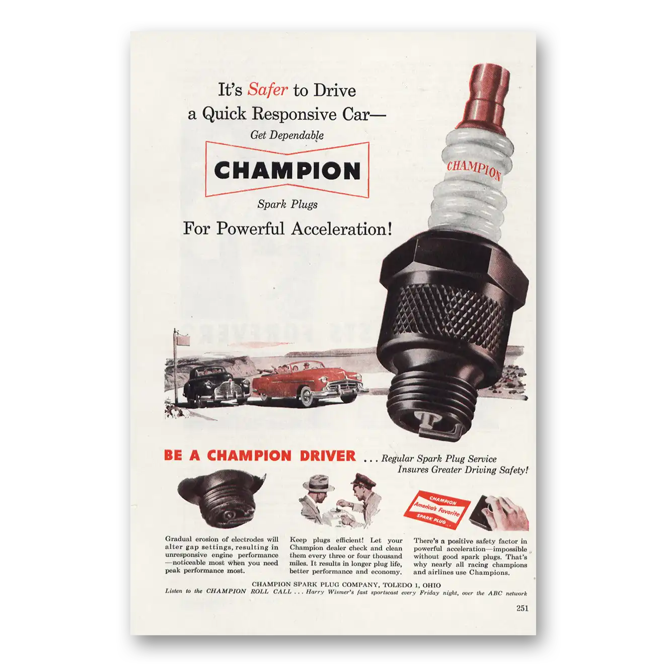 1951 Champion Spark Plugs Quick Responsive Car Vintage Magazine Print Ad