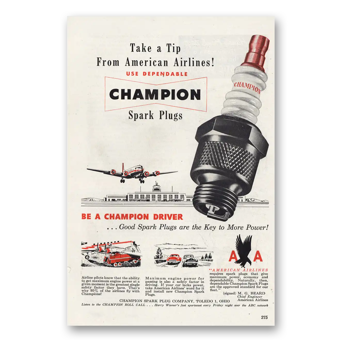 1951 Champion Spark Plugs American Airlines Vintage Magazine Print Ad