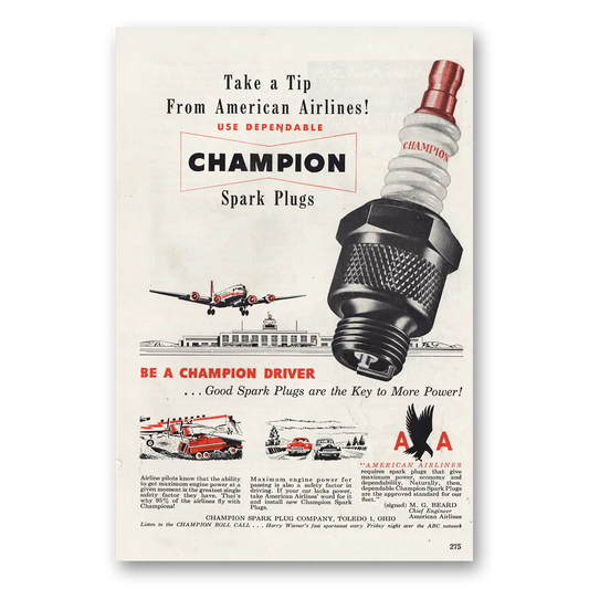 1951 Champion Spark Plugs American Airlines Vintage Magazine Print Ad