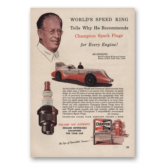 1951 Champion Spark Plugs AB Jenkins Vintage Magazine Print Ad