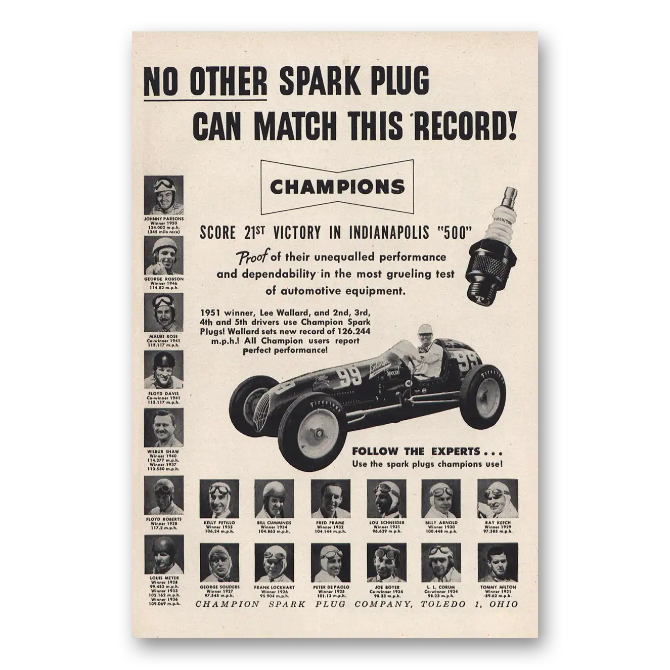 1951 Champion Spark Plugs 21st Victory Indianapolis Vintage Magazine Print Ad