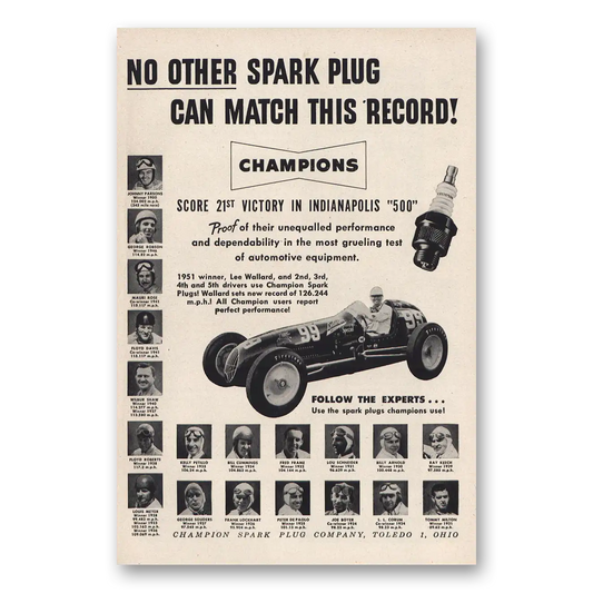 1951 Champion Spark Plugs 21st Victory Indianapolis Vintage Magazine Print Ad