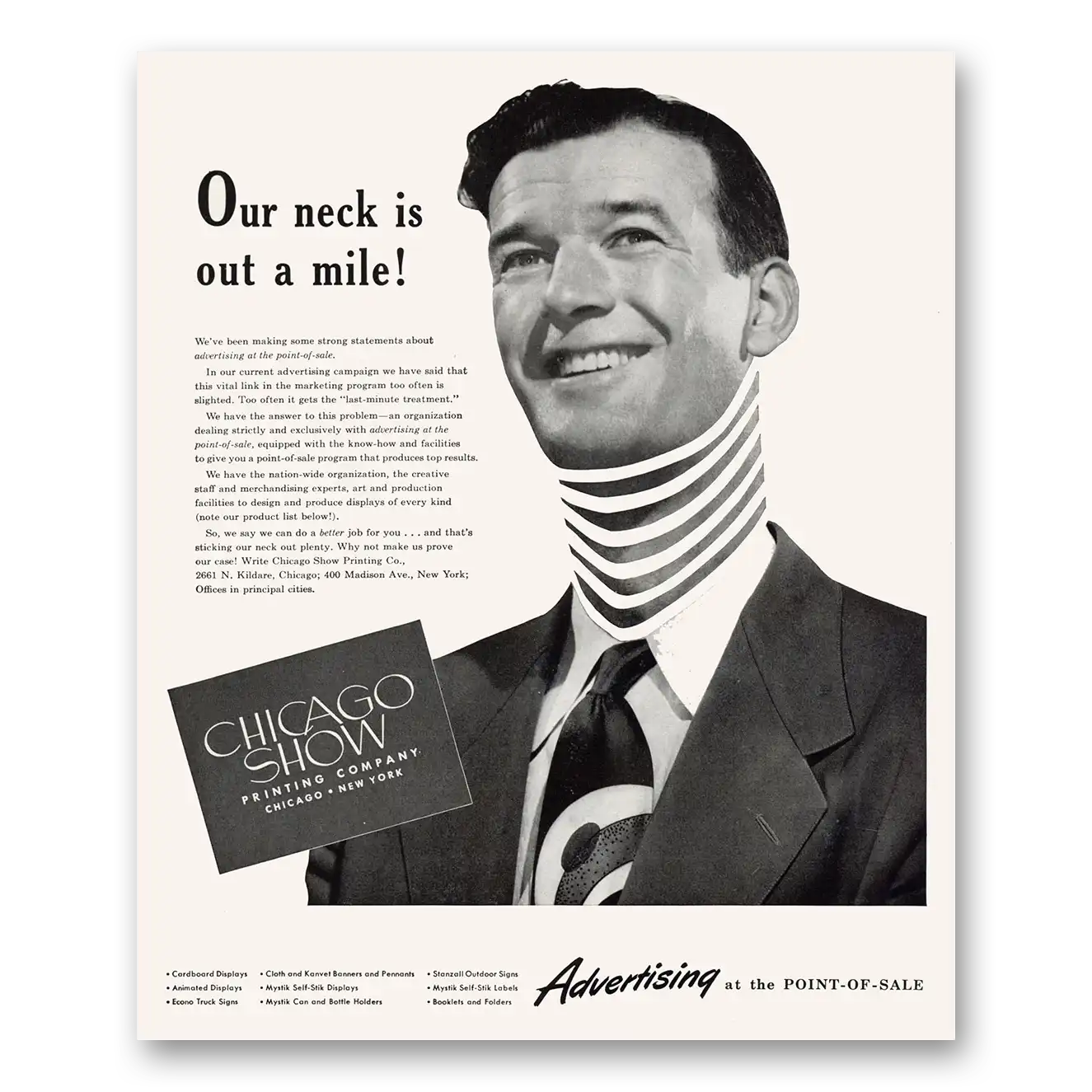 1951 Chicago Show Printing Company Our Neck Is Out a Mile Vintage Magazine Print Ad