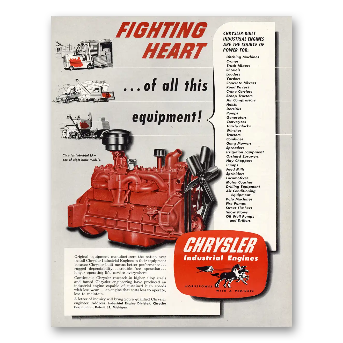 1951 Chrysler Industrial Engines Fighting Heart Vintage Magazine Print Ad