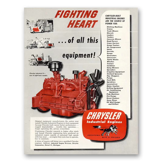 1951 Chrysler Industrial Engines Fighting Heart Vintage Magazine Print Ad