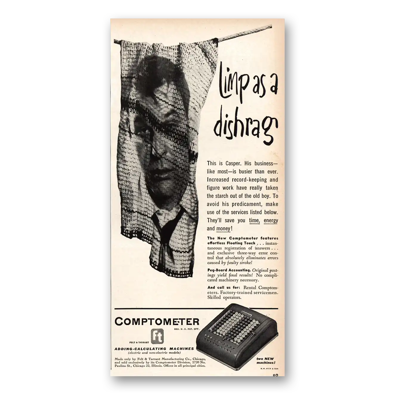 1951 Comptometer Adding Calculating Machines Limp As a Dishrag Vintage Magazine Print Ad