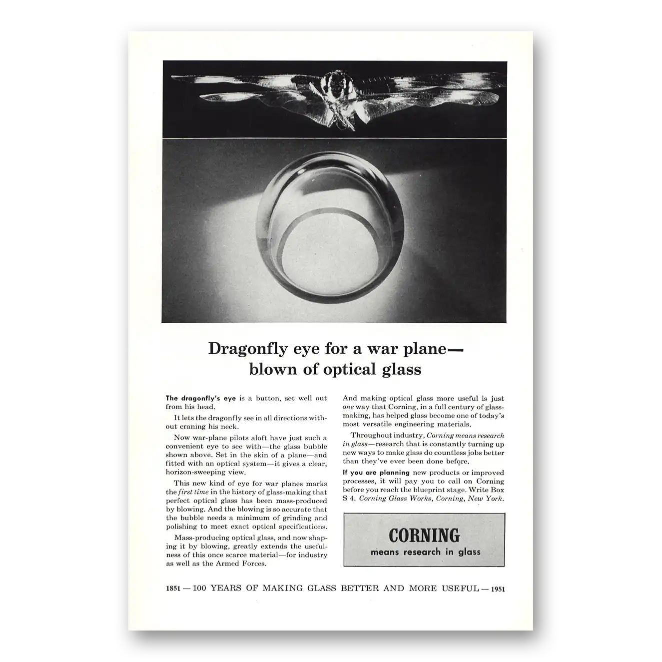 1951 Corning Glass Dragonfly Eye for a War Plane Vintage Magazine Print Ad