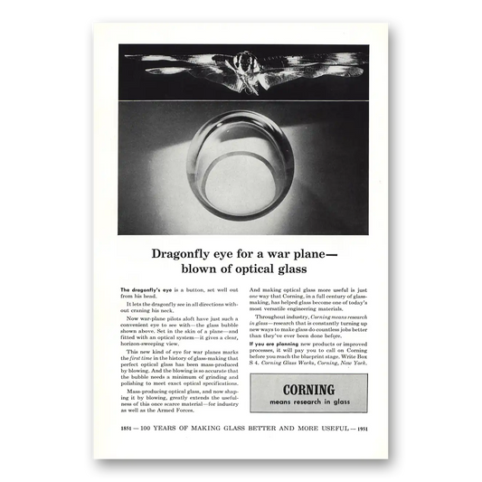 1951 Corning Glass Dragonfly Eye for a War Plane Vintage Magazine Print Ad