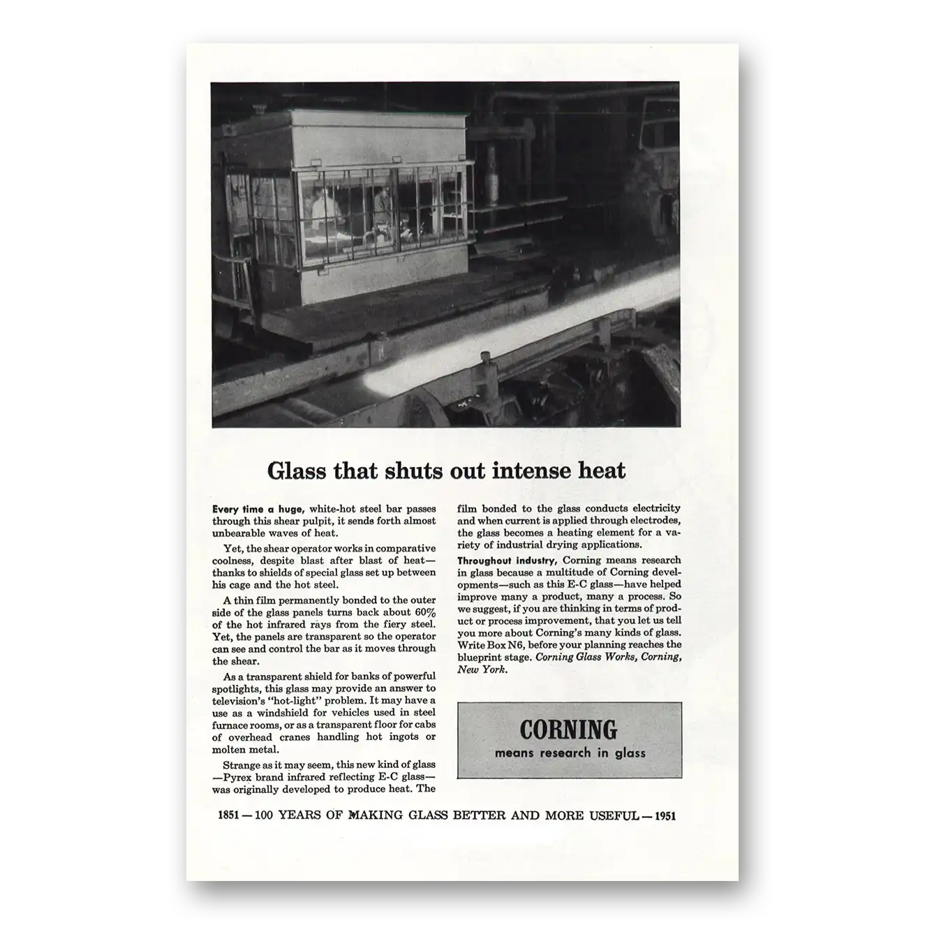 1951 Corning Glass That Shuts Out Intense Heat Vintage Magazine Print Ad