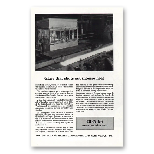 1951 Corning Glass That Shuts Out Intense Heat Vintage Magazine Print Ad