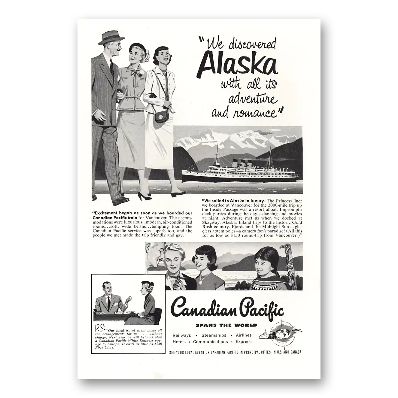 1951 Canadian Pacific Alaska Adventure and Romance Vintage Magazine Print Ad