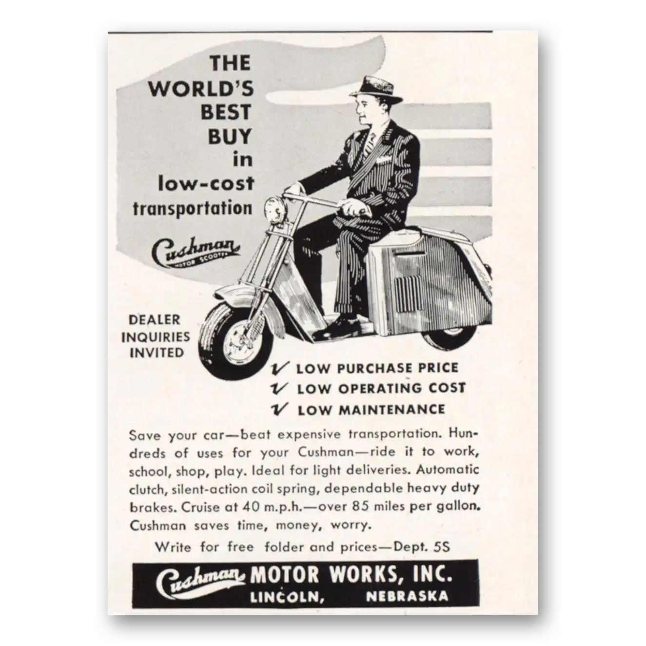 1951 Cushman Motors Worlds Best Buy Scooter Vintage Magazine Print Ad