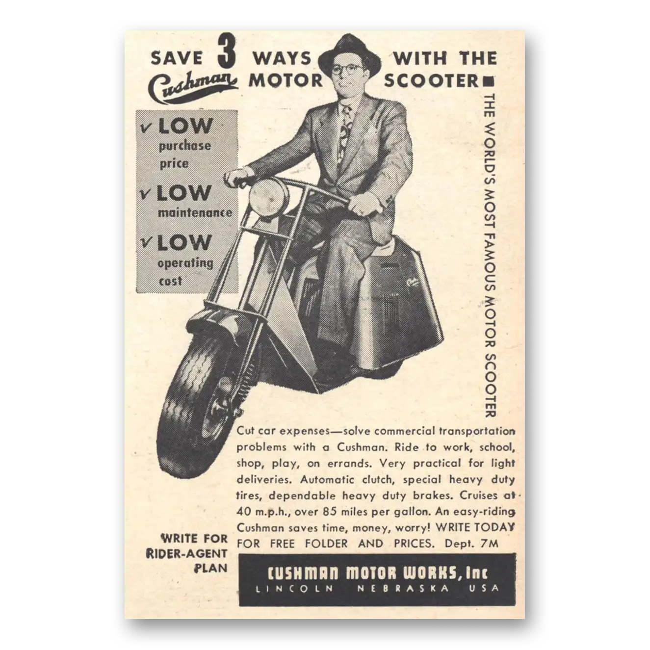 1951 Cushman Motors Save 3 Ways with Motor Scooter Vintage Magazine Print Ad