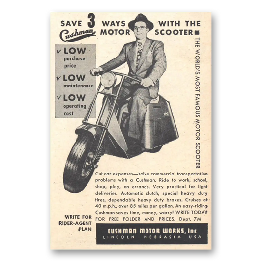 1951 Cushman Motors Save 3 Ways with Motor Scooter Vintage Magazine Print Ad