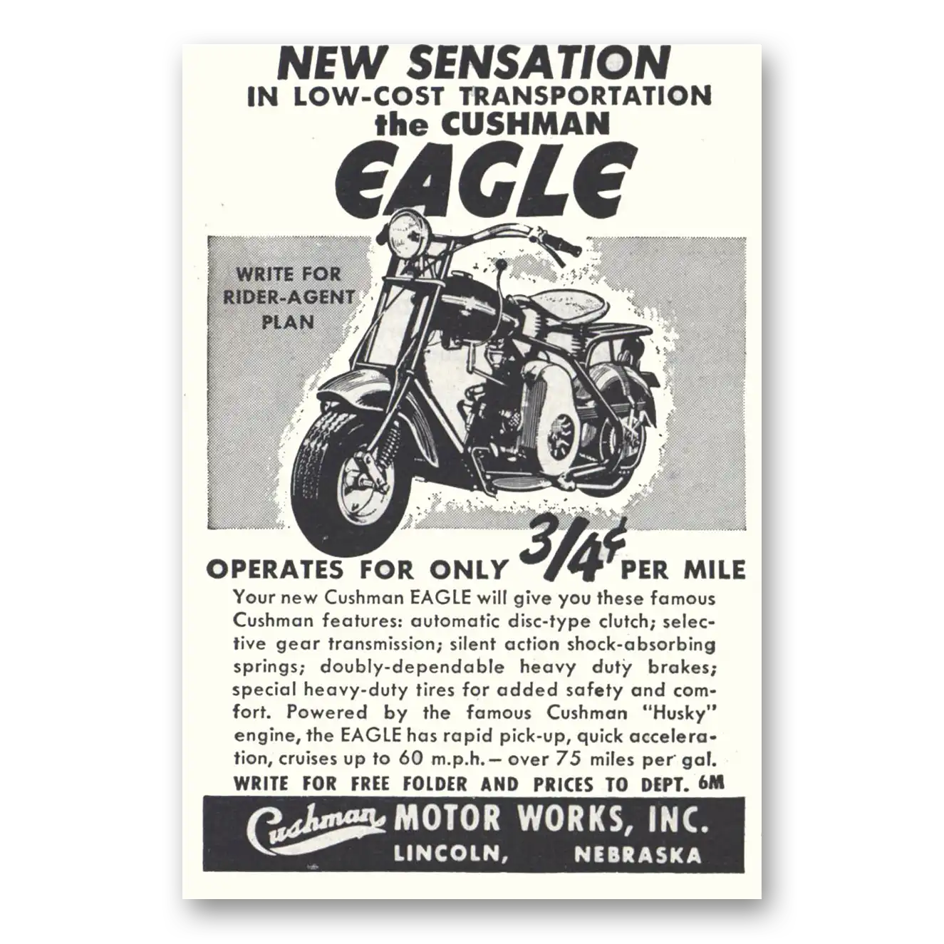 1951 Cushman Eagle New Sensation Vintage Magazine Print Ad