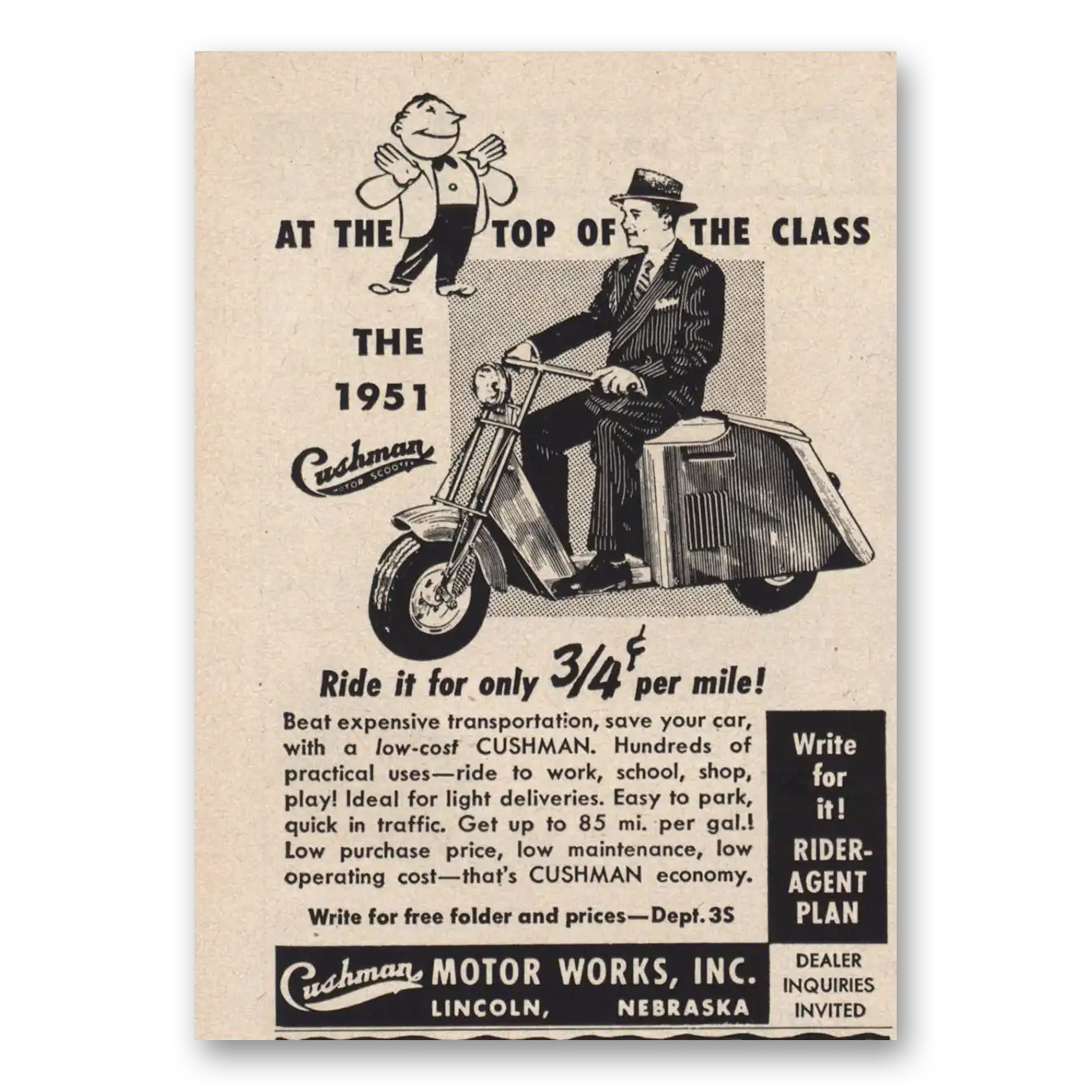 1951 Cushman Motors At the Top of the Class Vintage Magazine Print Ad