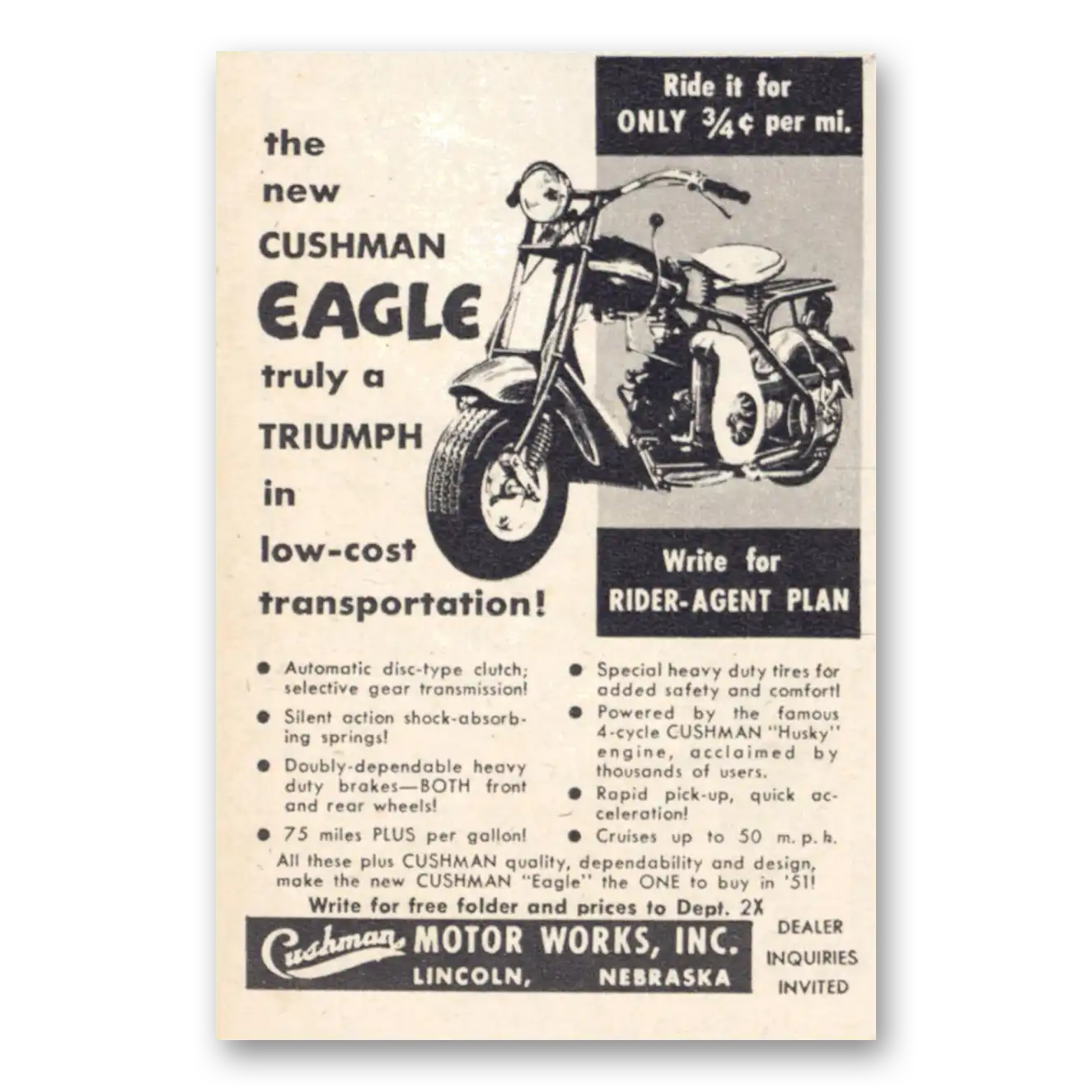 1951 Cushman Eagle Truly a Triumph Vintage Magazine Print Ad