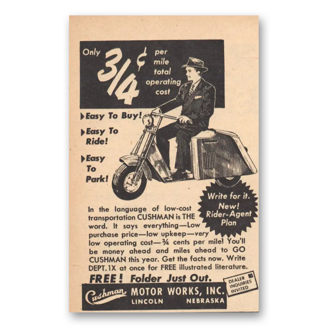 1951 Cushman Motors Easy to Buy Easy to Ride Vintage Magazine Print Ad