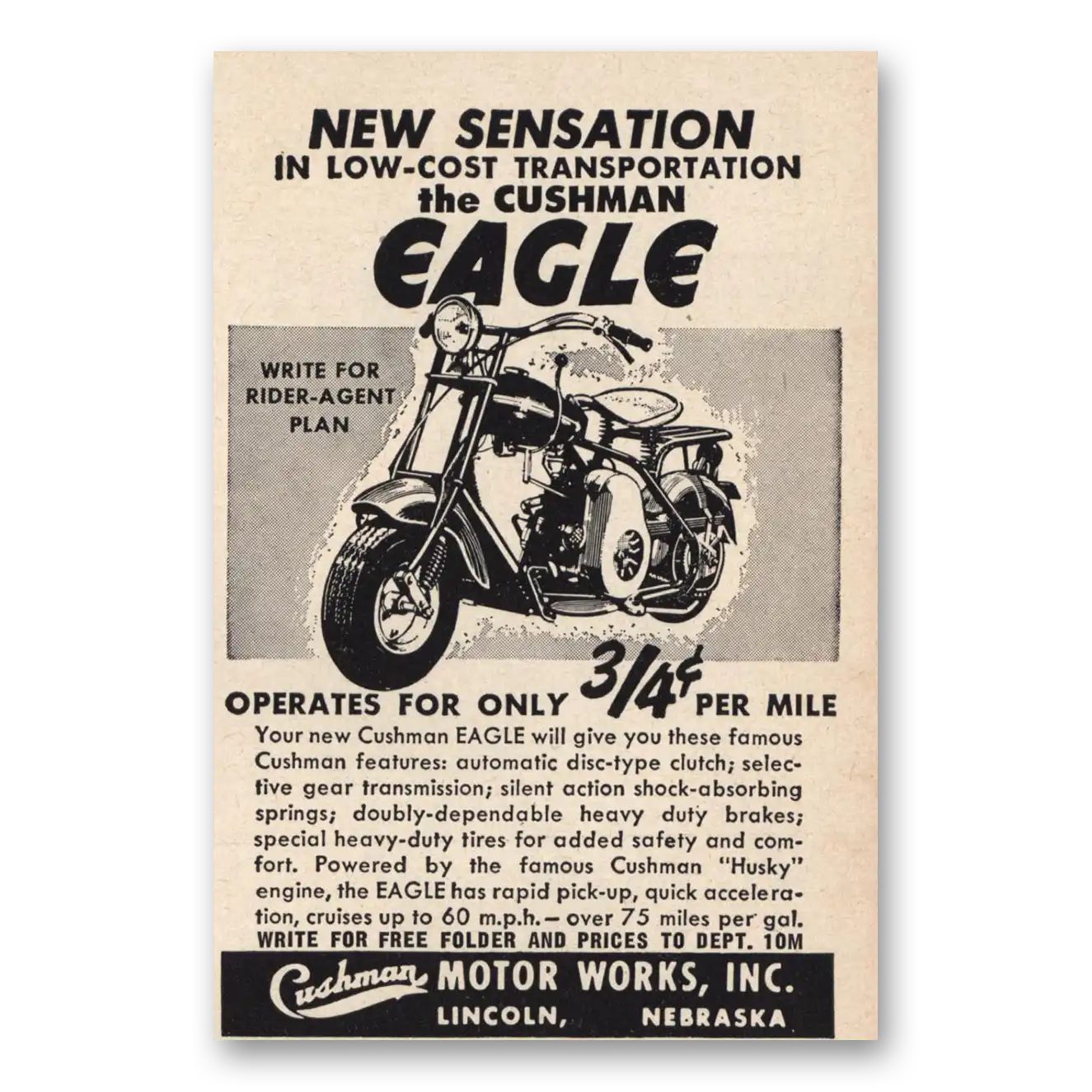 1951 Cushman Eagle New Sensation Vintage Magazine Print Ad