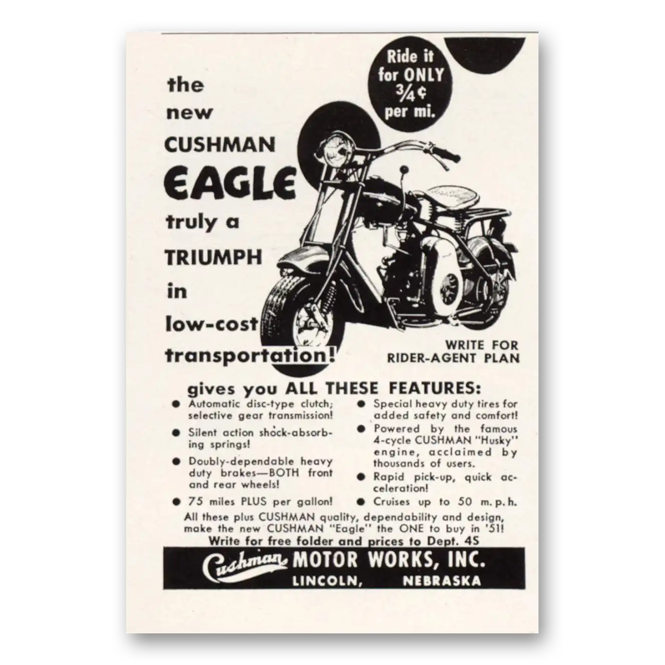 1951 Cushman Eagle Truly a Triumph Vintage Magazine Print Ad