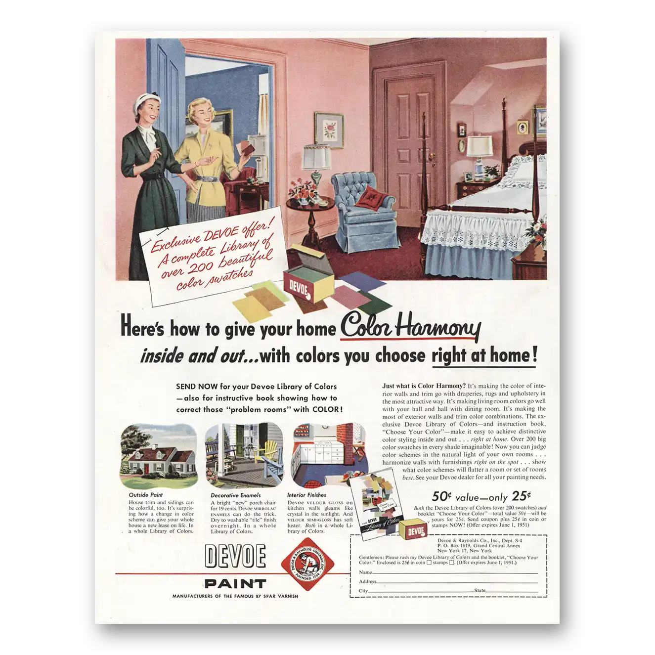 1951 Devoe Paint Give Your Home Color Harmony Vintage Magazine Print Ad