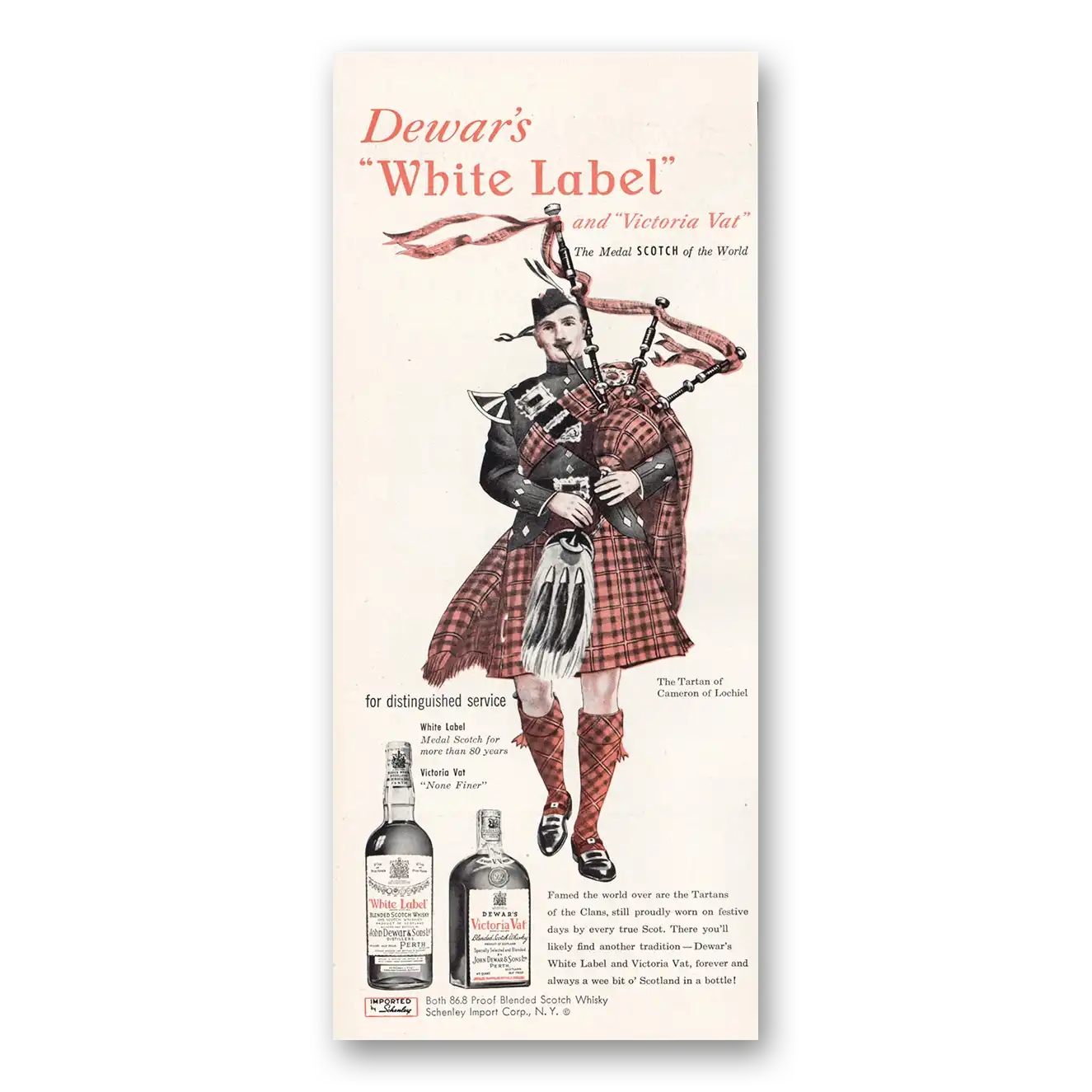 1951 Dewars White Label Tartan of Cameron of Lochiel Vintage Magazine Print Ad