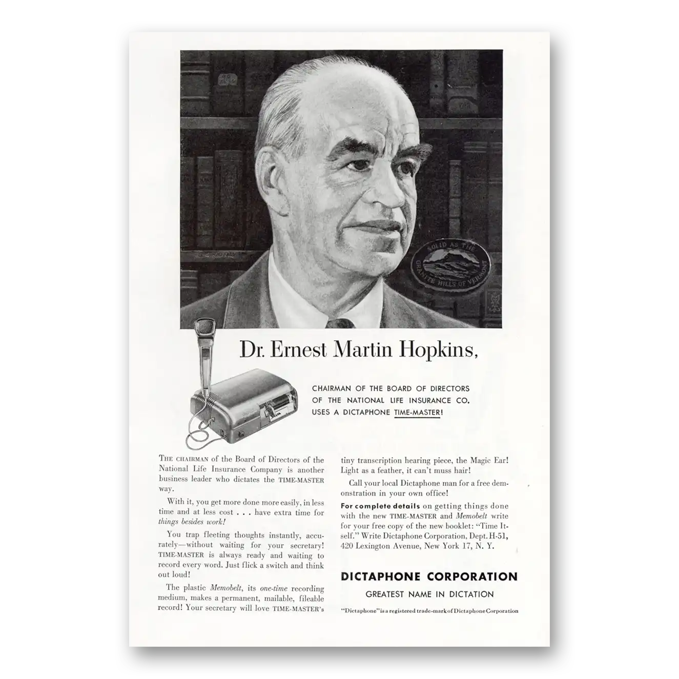 1951 Dictaphone Dr Ernest Martin Hopkins Vintage Magazine Print Ad