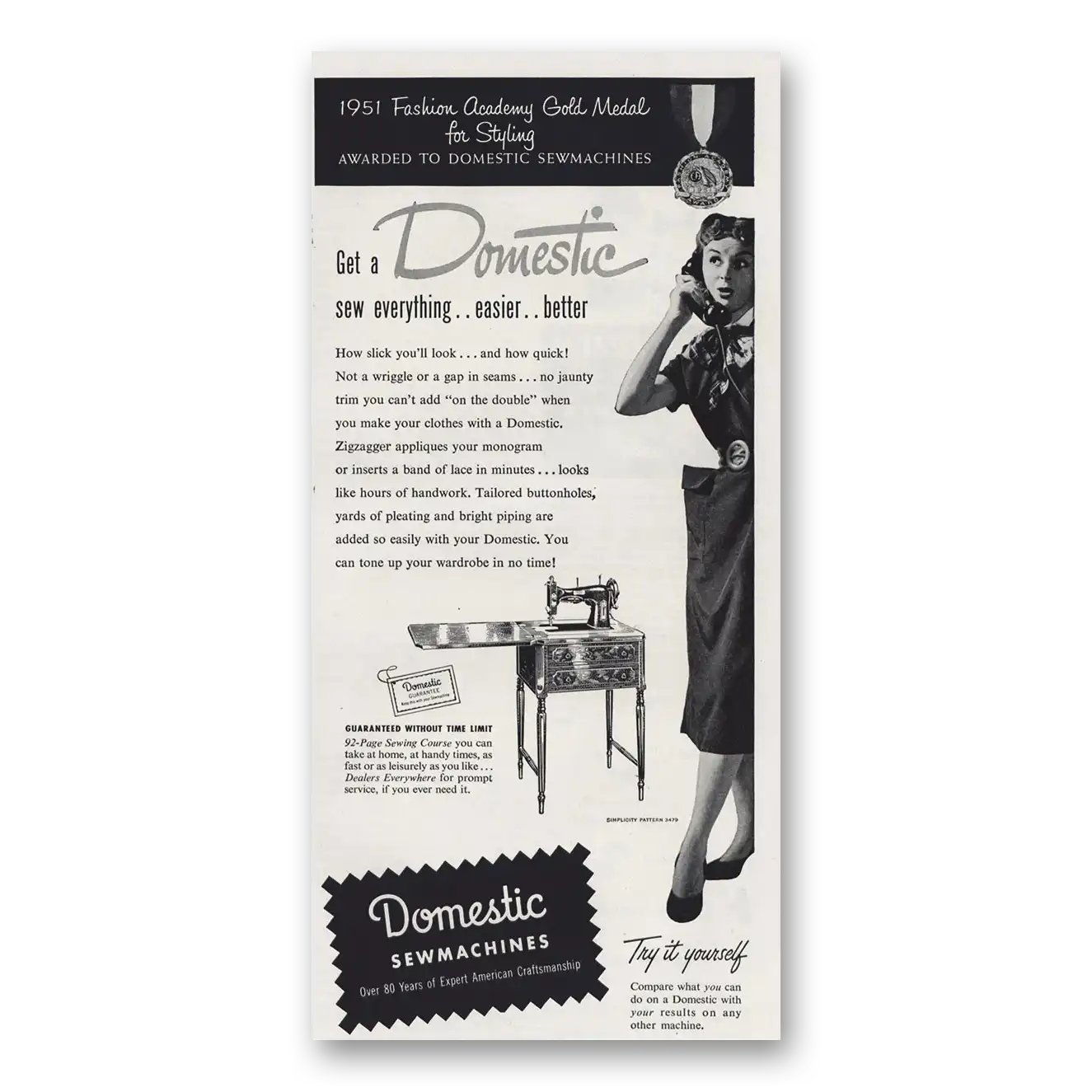 1951 Domestic Sewmachines Fashion Academy Gold Medal for Styling Vintage Magazine Print Ad