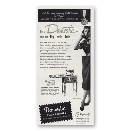 1951 Domestic Sewmachines Fashion Academy Gold Medal for Styling Vintage Magazine Print Ad