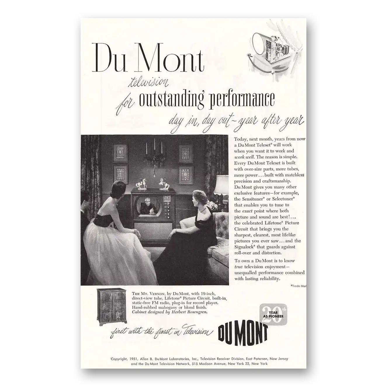 1951 DuMont Television Mt Vernon Vintage Magazine Print Ad