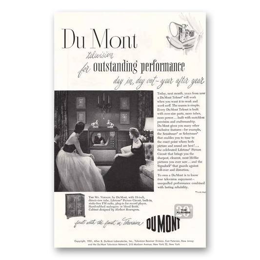 1951 DuMont Television Mt Vernon Vintage Magazine Print Ad