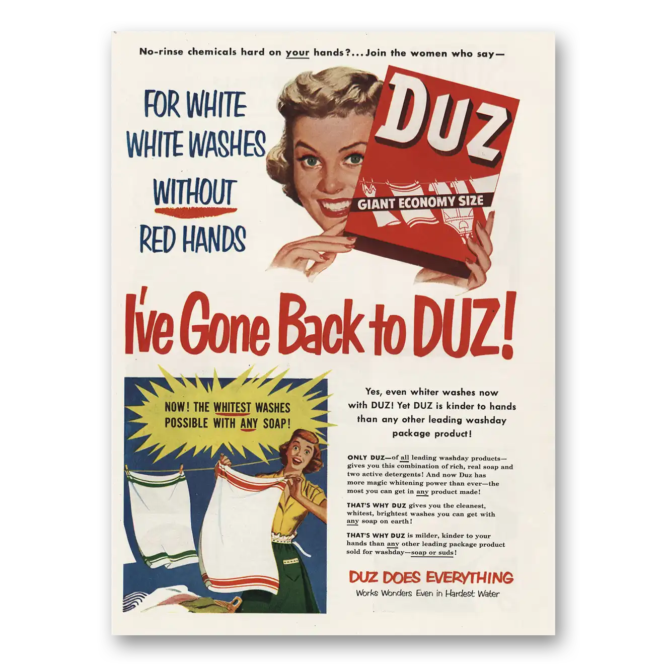 1951 Duz Detergent White Washes Red Hands Vintage Magazine Print Ad