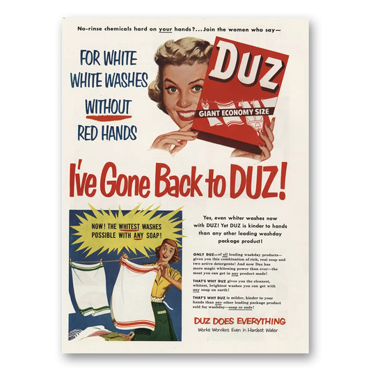 1951 Duz Detergent White Washes Red Hands Vintage Magazine Print Ad