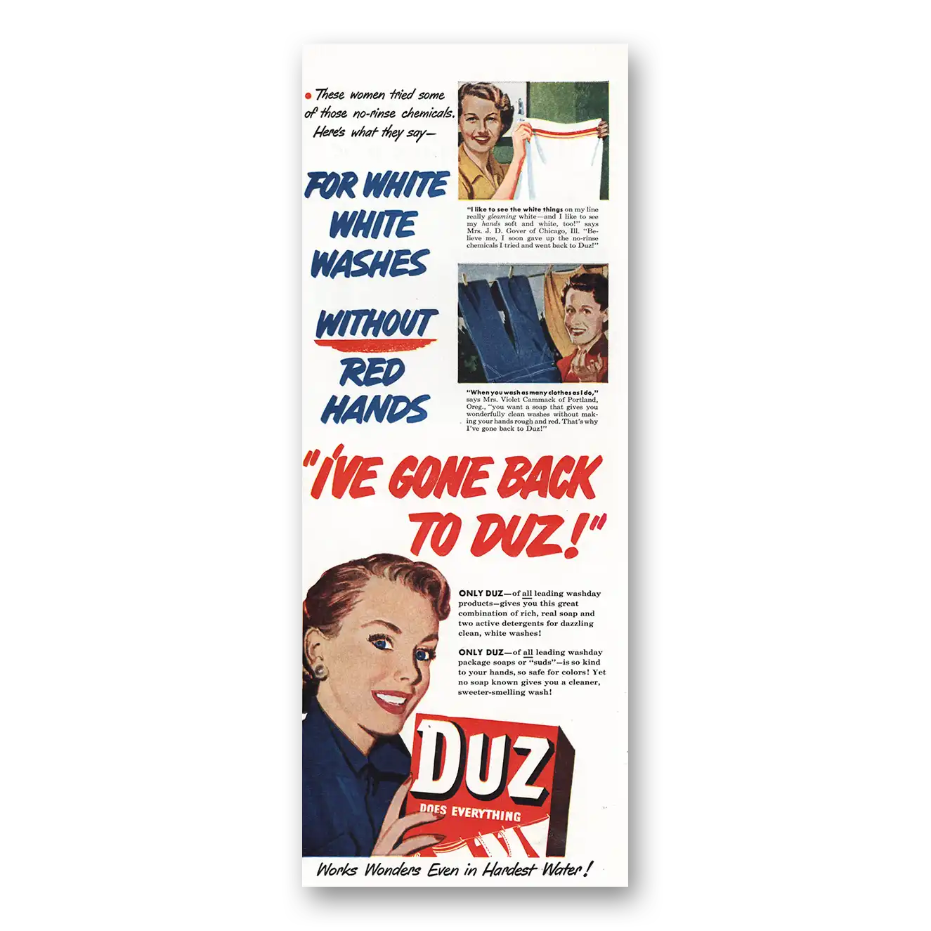 1951 Duz Detergent Duz White Washes without Red Hands Vintage Magazine Print Ad