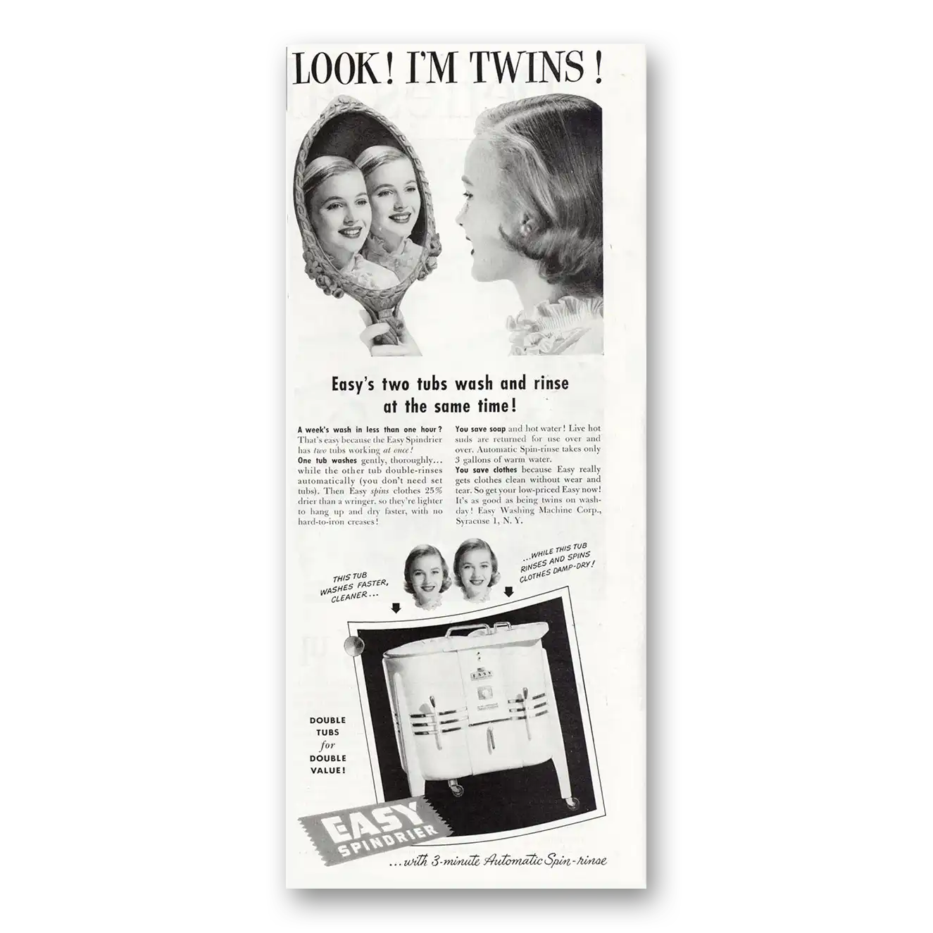 1951 Easy Washing Machine Look I'm Twins Vintage Magazine Print Ad