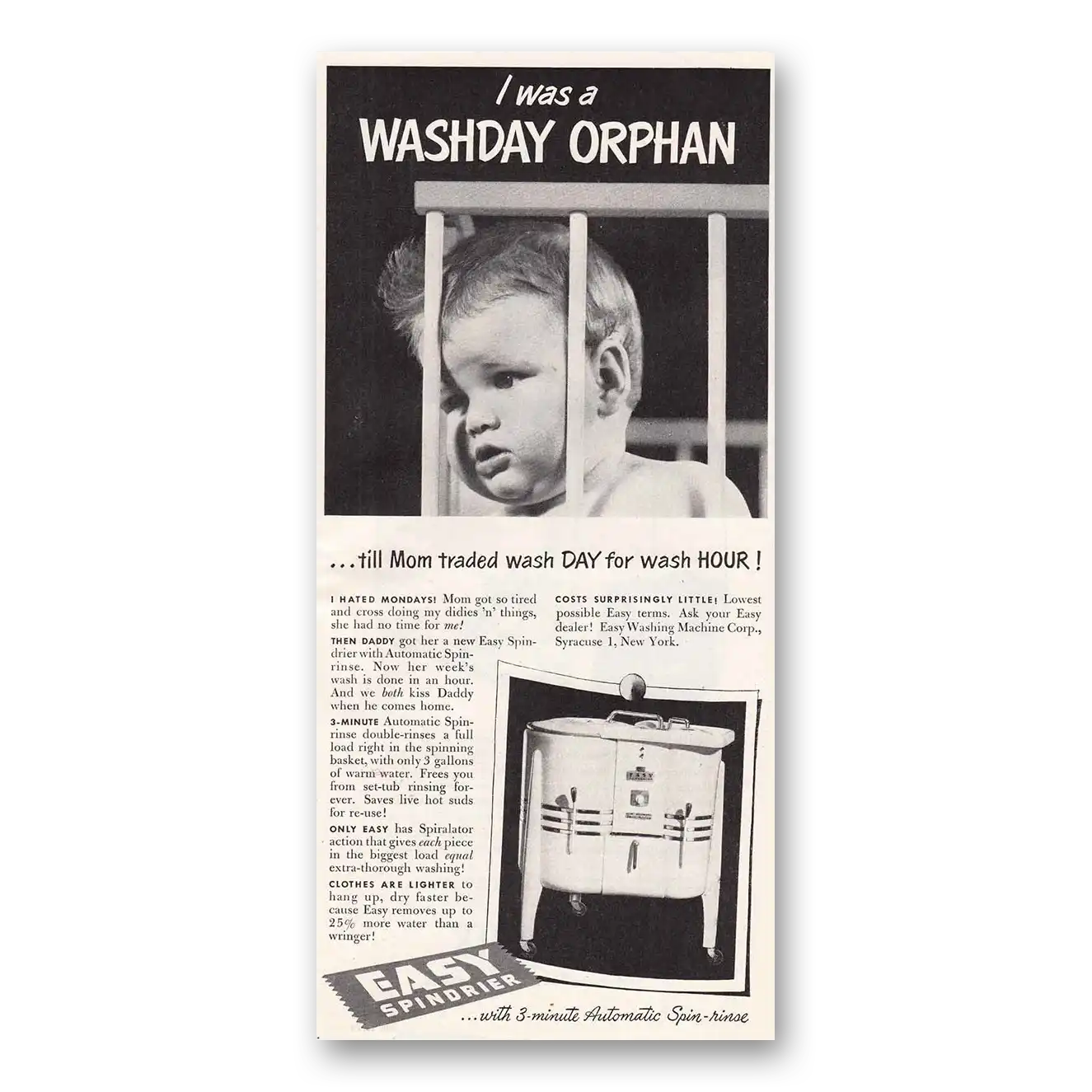 1951 Easy Washing Machine Washday Orphan Vintage Magazine Print Ad