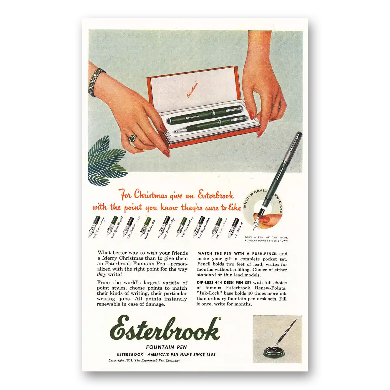 1951 Esterbrook Fountain Pen For Christmas Give an Esterbrook Vintage Magazine Print Ad