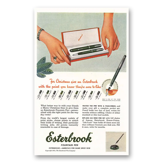 1951 Esterbrook Fountain Pen For Christmas Give an Esterbrook Vintage Magazine Print Ad